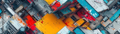 Merge avant-garde cyber enhancements with gritty street murals, seen through unconventional drone viewpoints to reveal a synthesis of modernity and urban culture