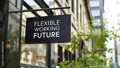 Flexible Working Future sign in front of a modern office building 
