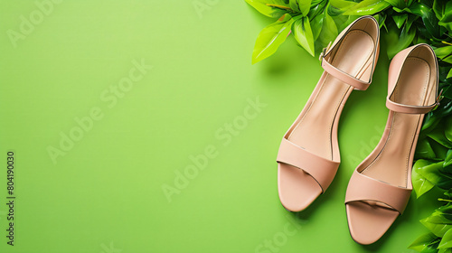 Pair of stylish high heeled sandals on green background