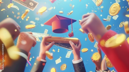 College tuition payment with gold coins for diploma scroll. Scholarship, education loan concept with people holding money and graduation cap and certificate.