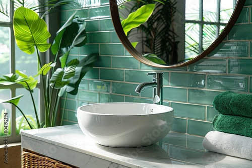 Sunlight-bathed bathroom interior highlighting a luxury basin, mirror, and vibrant plants giving an airy, fresh atmosphere