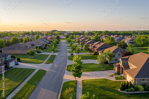 Aerial view of rows of identical houses in a suburban neighborhood with neatly cut lawns, under the warm sunset light