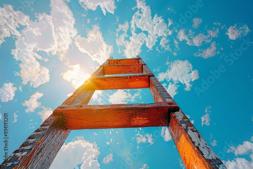 A wooden ladder extends vertically against a colorful sky, symbolizing the idea of reaching for the unknown