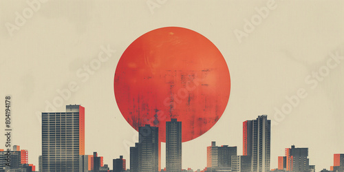 Silhouettes of houses against the background of the red sun concept background. Sunset in the city creative horizontal poster. Minimal urban style graphic design. Raster bitmap digital art. AI artwork