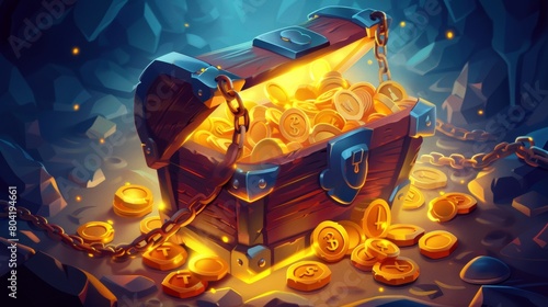 Game icon of rare loot with ancient wooden trunk, glowing golden money, isolated modern cartoon set with gold coins.