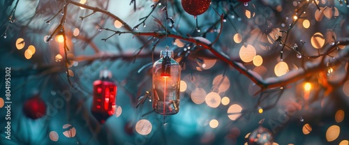 Firecracker ornaments hanging from the tree , professional photography and light