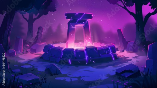 An arena of stone battles with runes at night in a dark forest cartoon background. Illustrator illustration of a fantasy Aztec universe with druid temple. Aztec altar podium portal for an arcade