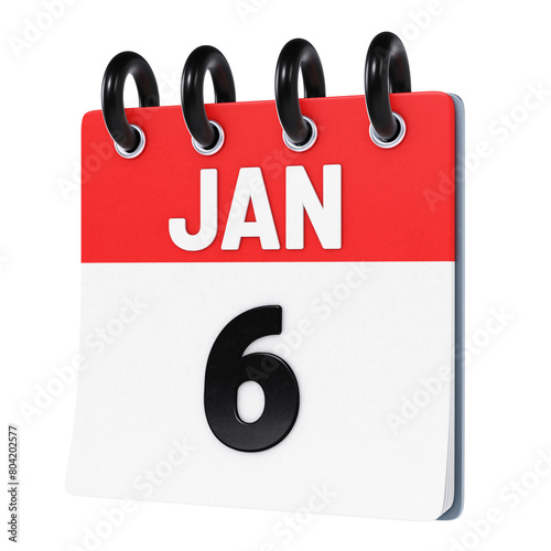 January 6 date displayed on stylized three-dimensional flip calendar icon isolated on transparent background. 3D rendering