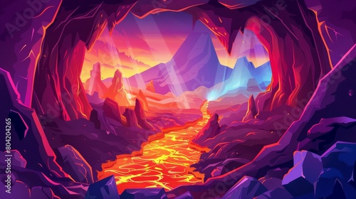 A cartoon volcano cave with lava flowing inside. Modern illustration of underground hell landscape, an unstable stone bridge that crosses a hot magma river, and rocky mountain walls.