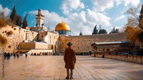 Jewish Man in Traditional Attire Praying at the Western Wall, Jerusalem
