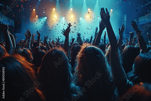 Energetic rock concert crowd cheers under stage lights and falling confetti at late evening festival