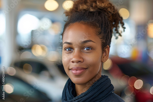 Portrait of a young black female car saleswoman standing in the showroom with blurry cars in the background