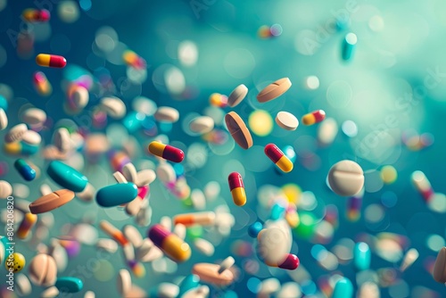 flying, multicolored pharmaceutical pills and capsules,scattered across a surface, representing healthcare and medication diversity