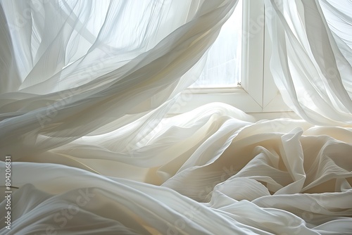 The gentle folds of a white curtain in a breeze
