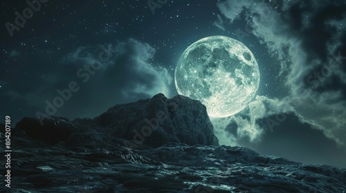 The full moon rises over a rocky hilltop.