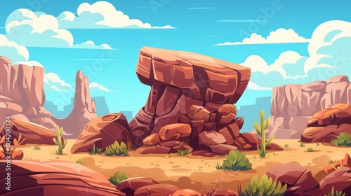 Desert game cartoon landscape with rocks and canyons. USA rocky boulder terrain background illustration. Drought Arizona valley formation with brown sandy environment and stone arc panoramic
