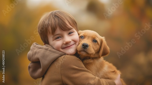 A young boy hugs his beloved dog