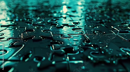 A close-up of a puzzle with water droplets on it. The puzzle pieces are blue and green.