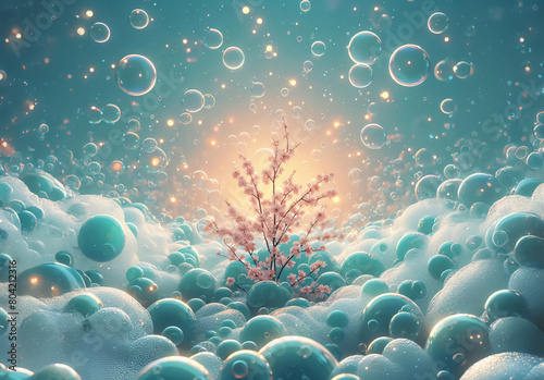 Unterwasser Hintergrund mit hellen und blauen Blasen und einem einzelnen Bäumchen 