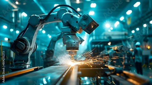 Factory engineer oversees welding robotics for efficient automotive production operations. Concept Factory Engineering, Welding Robotics, Automotive Production, Efficiency Operations