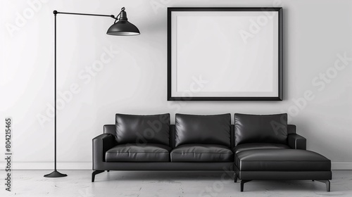 Stylish and scandinavian living room interior of modern apartment with gray sofa, design wooden commode, black table, lamp, abstract paintings on the wall. Beautiful dog lying on the couch. 