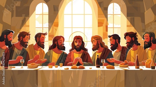 A group of men sitting around a long table, with Jesus Christ in the middle