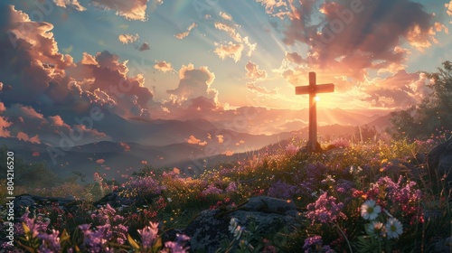 A beautiful landscape with a large cross in the middle of it