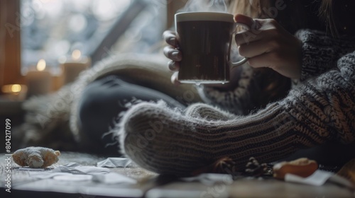 Cold medicine and sick woman drinking hot beverage to get well from flu, fever and virus. Dirty paper towels and tissues on table. Ill person wearing warm woolen stocking socks in winter