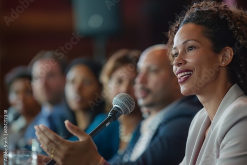 A confident female public speaker in her late twenties, of any ethnicity, passionately delivering a speech into a microphone in front of a group of people