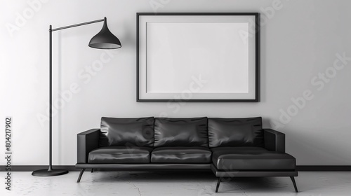 Stylish and scandinavian living room interior of modern apartment with gray sofa, design wooden commode, black table, lamp, abstract paintings on the wall. Beautiful dog lying on the couch.