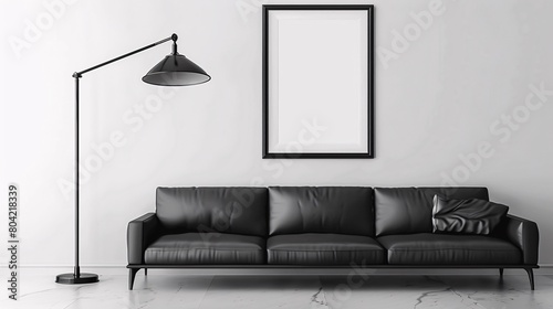 Stylish and scandinavian living room interior of modern apartment with gray sofa, design wooden commode, black table, lamp, abstract paintings on the wall. Beautiful dog lying on the couch.