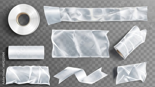 Isolated set of adhesive plastic tape isolated on transparent background. Modern illustration of crumpled sticky strips for packaging, fixing damages, wrinkled cellophane strips, glued patches.