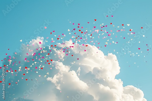 Confetti hearts delicately descend from a cumulus cloud.