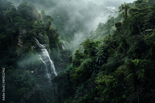 A waterfall cascading in the midst of a dense jungle with lush vegetation and towering trees