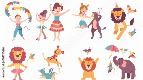 Animated circus illustration with circus acrobats, lions, and bears. Girl character amusement entertainment with exotic safari performers. Festival entertainment.