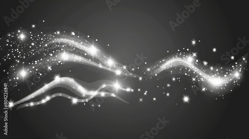 White magic dust with light effect modern set. Glitter spray fairy overlay with spark glow. Fantasy silver wizard wand spell trail. Ice trace line with shimmer powder. Illustration of twinkle waves