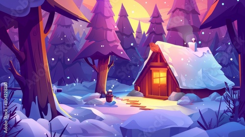 Winter camping in tents on wooden patios in the forest. Cartoon modern landscape of woodland covered in snow with huts or shacks.