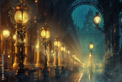 Grand boulevard illuminated by a colonnade of ornate lampposts.