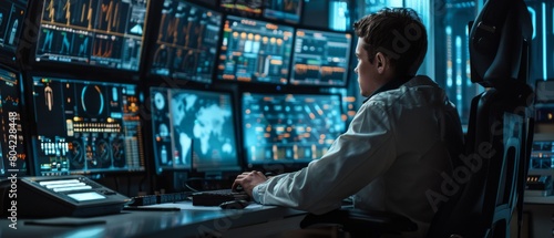 Photograph of a technical controller working at his desk with multiple displays before him. His teammates working in the system control center are in the background.