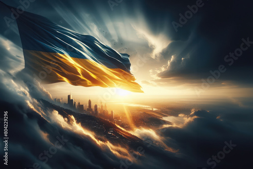 Blue and yellow Flag of Ukraine waving in the wind.