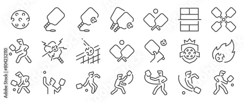 Pickleball icon set. It includes Racquet sport, Paddlesport, court, game, tournament, and more icons. Editable Vector Stroke.
