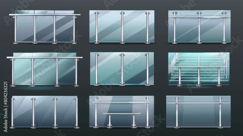 Handrails set isolated on transparent background. Modern illustration realistic illustration of 3D plastic barriers, stair balustrades, plexiglass fences on metal poles, or plexiglass fences in an