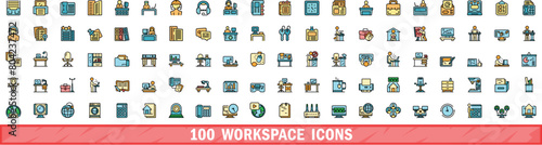100 workspace icons set. Color line set of workspace vector icons thin line color flat on white