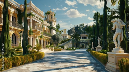 A luxury mansion entrance with a sweeping driveway and a classical statue garden