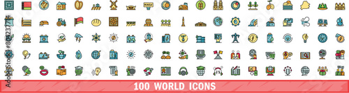 100 world icons set. Color line set of world vector icons thin line color flat on white
