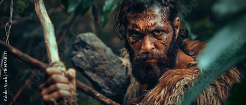 A primitive caveman wearing animal skin and fur hunts with a stone-tipped spear in the prehistoric forest. An ape hunter with primitive tools takes a scavenging trip in the jungle.