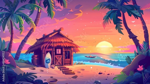 Cartoon sunrise summer ocean shore landscape with bamboo bungalow and thatch roof. Hawaiian cafe with cocktails and fruit drinks. Tiki bar with surfboard and palm trees at sunset.