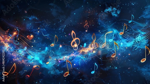 Cosmic symphony depicted through vibrant music notes and swirling staves in a mesmerizing space backdrop