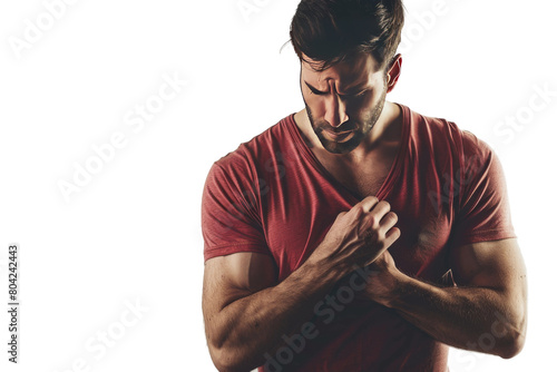 Depressed Man Alone with Hand on Heart On Transparent Background.