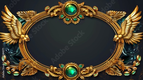 Ancient egyptian ui game frame. Emerald and scarab wings ornament border of pharaoh treasure. Metal divider for mythology antique invitation or 2D app menu.